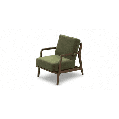 An olive green upholstered armchair with an exposed dark wood frame, exhibiting a mid-century modern aesthetic. The chair features clean lines, a slightly angled backrest, and thick, boxy cushions for the seat and back, providing a comfortable lounging experience. The wooden frame is visible around the perimeter of the cushions and forms the armrests and legs. — 3D model (AI enhanced source)