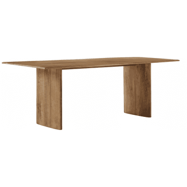 A modern rectangular table constructed from solid wood, featuring a substantial tabletop supported by two wide, slab-like legs that subtly curve inwards at the base. The wood exhibits a natural, light brown hue with prominent grain patterns, and all edges appear smoothly rounded. — 3D model (AI enhanced source)
