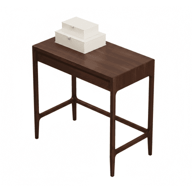 A rectangular console table crafted from dark wood, featuring a clean, minimalist design. It includes a single, subtly integrated drawer positioned directly beneath the tabletop. The table stands on four slender, tapered legs, which are connected by horizontal stretchers on the longer sides for added stability. — 3D model (AI enhanced source)