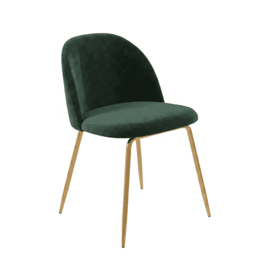 An armless dining chair featuring a curved back and seat upholstered in emerald green velvet, supported by four slender, gold-finished metal legs. — 3D model (AI enhanced source)