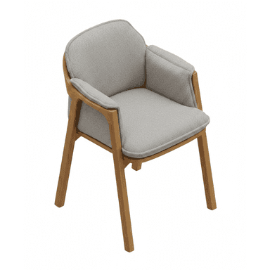 A modern armchair with a wooden frame and upholstered seat and backrest. The frame is constructed from light-colored wood, exhibiting a natural grain. The seat and backrest are covered in a textured, light gray fabric, with padded cushioning for comfort. The armrests are integrated into the wooden frame, continuing the line from the backrest to the front legs. — 3D model (AI enhanced source)