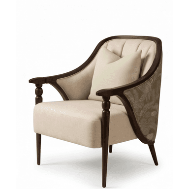 An upholstered armchair featuring an exposed dark wood frame, a light beige fabric seat and inner back, and a decorative patterned fabric on the outer back. The chair has a rounded backrest, turned details on the front arm supports, and tapered legs. A small, light-colored throw pillow rests on the seat. — 3D model (AI enhanced source)