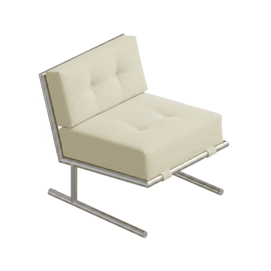 A modern armless lounge chair featuring a polished metal frame and thick, tufted cushions upholstered in ribbed, off-white fabric. The frame has a minimalist, open design with a sled-like base. The seat and back cushions are integrated into the frame, held by fabric straps on the lower front bar. — 3D model (AI enhanced source)