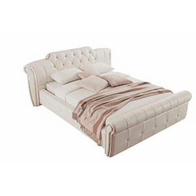 A cream-colored upholstered sleigh bed featuring a high, deeply tufted headboard with crystal-like button accents. The footboard and side rails are also upholstered and exhibit a rolled, sleigh-style design with channel tufting on the footboard. The bed is presented with a mattress, pillows, and a throw blanket, indicating its functional use. — 3D model (AI enhanced source)
