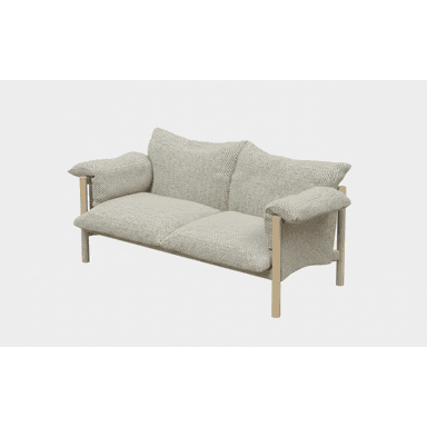 A contemporary two-seater loveseat featuring an exposed light-toned wooden frame and generously padded cushions upholstered in a textured light gray fabric. The design emphasizes comfort and a minimalist aesthetic. — 3D model (AI enhanced source)