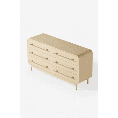 A modern six-drawer dresser featuring a light wood finish and elegant brass bar pulls. The piece has soft, rounded edges on the top and sides, giving it a streamlined appearance. It stands on four tapered legs, also in light wood, with brass caps. The dresser is symmetrical, with three drawers stacked vertically on each side, offering ample storage. — 3D model (AI enhanced source)