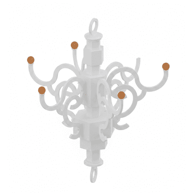 A white, sculptural coat rack with a central column and multiple undulating arms, each tipped with a round, orange-brown knob, designed for hanging items. — 3D model (AI enhanced source)