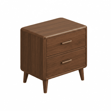A mid-century modern style nightstand made of dark-stained wood, featuring a rectangular top with subtly rounded corners. It has two full-width drawers, each equipped with a minimalist brass bar pull. The cabinet rests on four tapered, splayed legs that are characteristic of the mid-century aesthetic. — 3D model (AI enhanced source)