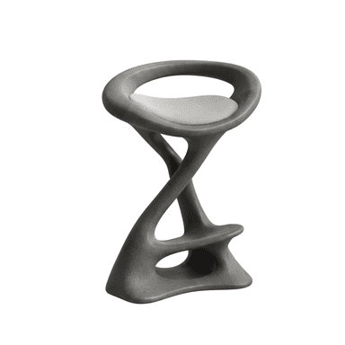 A tall, sculptural bar stool featuring an organic, twisted dark gray base with an integrated footrest and a subtly padded light gray upholstered seat. — 3D model (AI enhanced source)