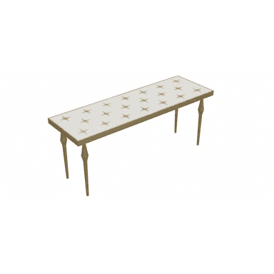 A rectangular console table with a white top featuring a repeating pattern of gold starbursts. The table has a thin gold frame and four slender, tapered legs that curve inwards towards the top and outward towards the bottom, resembling elongated finials. The overall design is sleek and decorative. — 3D model (AI enhanced source)