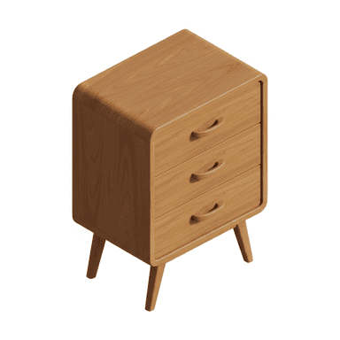 A light-toned wooden nightstand featuring three drawers, rounded edges, integrated carved pulls, and four splayed, tapered legs, indicative of a Mid-Century Modern design aesthetic. — 3D model (AI enhanced source)