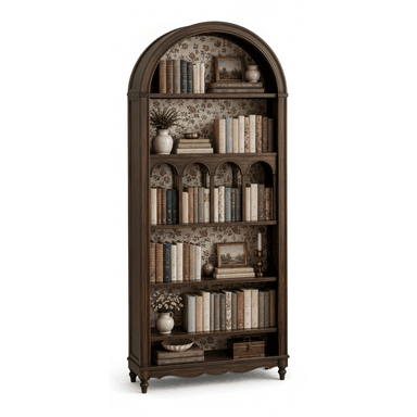 A tall, dark brown wooden bookcase featuring an arched top and a decorative floral wallpaper lining the back panel. It has multiple open shelves of varying heights, some with arched dividers, filled with books and decorative objects. The base features a scalloped apron and stands on turned bun feet. — 3D model (AI enhanced source)