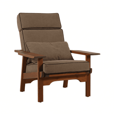 A wooden armchair with upholstered cushions. The chair features a high backrest with multiple padded sections and a separate lumbar pillow. The armrests are made of polished wood, and the base consists of sturdy wooden legs connected by a lower frame. The upholstery is a neutral brown fabric with contrasting dark piping along the edges. — 3D model (AI enhanced source)