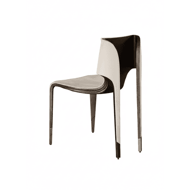 A contemporary, armless side chair featuring a unique sculptural form with a dark metallic finish. The chair appears to be constructed from a single, molded piece, creating a seamless flow from the backrest to the seat and legs. Its design is sleek and minimalist. — 3D model (AI enhanced source)