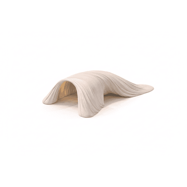 A modern, organic-shaped bench with a flowing, draped appearance. The structure appears to be made of a solid material that is molded or sculpted to mimic flowing fabric. It features an arched opening in the center, suggesting a bench or seating area within the structure. The exterior exhibits soft folds and pleats, creating a dynamic visual texture. — 3D model (AI enhanced source)