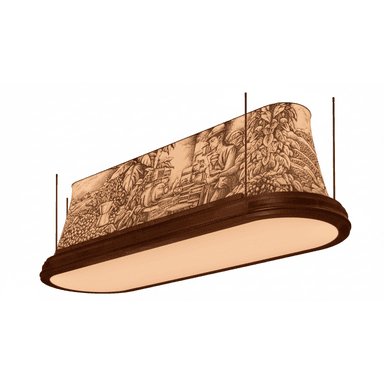 A rectangular, curved pendant light featuring a dark wood frame and an intricately illustrated outer shade. The shade depicts a narrative scene, possibly related to coffee cultivation, in a sepia-toned, etched style. Below the illustrated shade is a frosted, translucent diffuser that emits a soft, warm light. The fixture is suspended by four thin rods or cables, suggesting it is designed to hang over a surface. — 3D model (AI enhanced source)