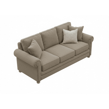 A traditional-style three-seater sofa upholstered in a neutral beige fabric, featuring classic rolled arms, loose back and seat cushions, and two decorative throw pillows. The sofa is supported by short, turned wooden feet. — 3D model (AI enhanced source)