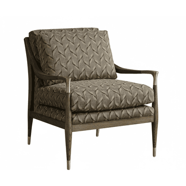 A sophisticated lounge chair featuring an exposed dark-stained wooden frame with a distinct geometric upholstered pattern. The chair has two substantial loose cushions for the seat and back, providing comfort. The armrests are elegantly curved wood, capped with brass details where they meet the front legs. The tapered wooden legs are also finished with subtle brass ferrules, adding a touch of metallic accent to the overall design. — 3D model (AI enhanced source)