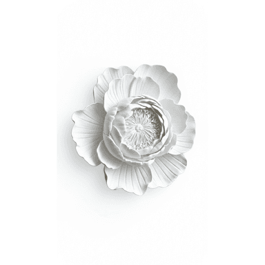 A three-dimensional white ceramic or plaster sculpture resembling a large, layered flower, designed for wall mounting. — 3D model (AI enhanced source)