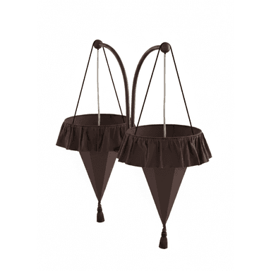 An arched floor lamp featuring two suspended cone-shaped fabric shades. The lamp has a dark brown or bronze-finished metal frame with two distinct arched arms. Each arm supports a fabric shade, which is ruffled at the top and tapers downwards into a conical form, ending with a decorative tassel. The overall aesthetic combines modern structural elements with traditional or eclectic textile details. — 3D model (AI enhanced source)