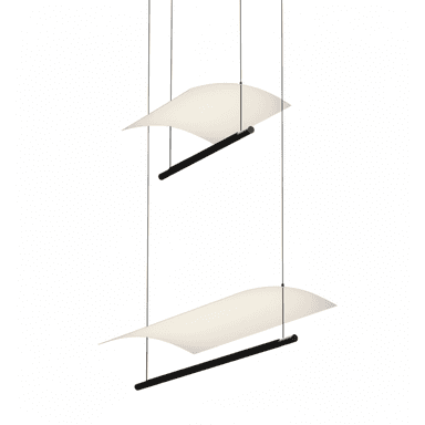A set of two contemporary pendant lights, each featuring a horizontally oriented black linear bar housing an integrated light source, positioned beneath a gently curved, thin white diffusing panel. Both elements are suspended by delicate, almost invisible wires from an unseen ceiling mount, creating a sense of lightness and sculptural form. The design is sleek and minimalist, focusing on indirect and diffused illumination. — 3D model (AI enhanced source)
