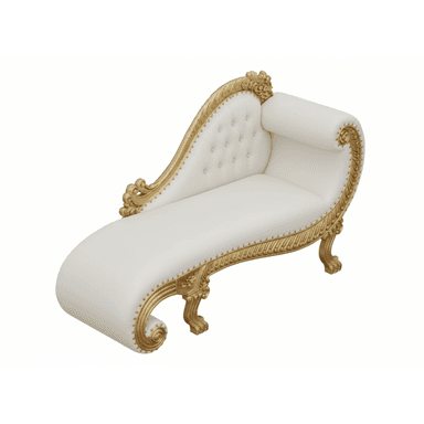 An opulent chaise lounge featuring a highly ornate gold-finished carved wooden frame, white button-tufted upholstery on the backrest, and smooth white upholstery on the seat. It includes a rolled armrest and decorative gold nailhead trim along the edges of the upholstery. — 3D model (AI enhanced source)