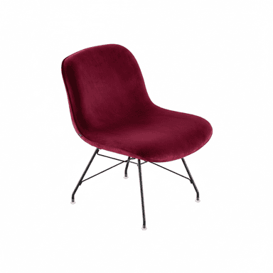 A modern armless chair upholstered in deep red velvet, featuring a shell-shaped seat and back, supported by slender black metal legs. — 3D model (AI enhanced source)