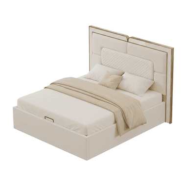 A modern platform bed featuring a cream-colored upholstered frame and headboard with distinct gold metallic trim accents. The headboard has a central quilted panel for added visual interest and comfort. The bed base is a platform style, indicating no box spring is required, and includes a handle on the side suggesting integrated storage beneath the mattress. — 3D model (AI enhanced source)