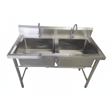 A commercial-grade, freestanding, double-basin sink unit made entirely of polished stainless steel. It features two deep rectangular basins, two gooseneck faucets, and a raised backsplash, all integrated into a sturdy, open-frame stand. — 3D model (AI enhanced source)