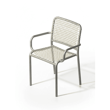 A modern armchair featuring a tubular metal frame and a seat and backrest constructed from woven synthetic webbing. The frame is a matte silver-grey, while the webbing is an off-white or light beige color. The design is contemporary with clean lines and integrated armrests. — 3D model (AI enhanced source)