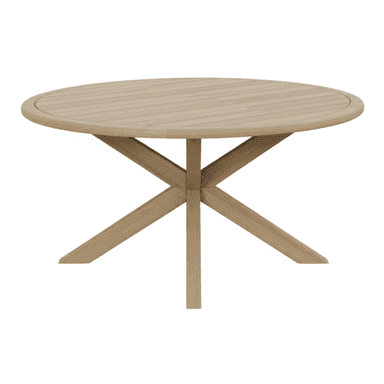 A round dining table made of natural teak wood, featuring a slatted top and an X-shaped pedestal base. — 3D model (AI enhanced source)