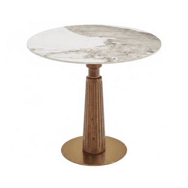 A round accent table featuring a white and grey veined marble tabletop, a fluted wooden pedestal base, and a circular brass-finished metal foot. — 3D model (AI enhanced source)