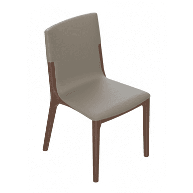 A modern dining chair featuring a light beige upholstered seat and backrest, contrasted with a warm brown wooden frame that wraps around the lower back and forms the tapered legs. The design is sleek and minimalist, with visible stitching on the upholstery. — 3D model (AI enhanced source)