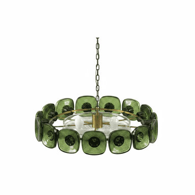 A circular chandelier featuring a brass-toned metal frame and numerous square-shaped, textured green glass elements arranged around its perimeter. It has several exposed light bulbs and is suspended by a metal chain. — 3D model (AI enhanced source)