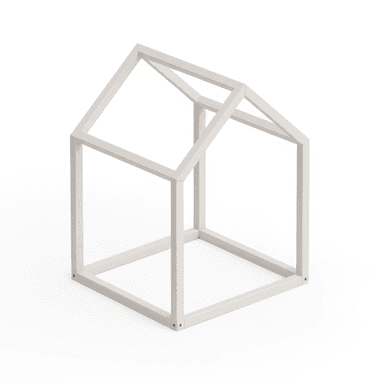 A minimalist house-shaped bed frame made from light-colored wood, featuring an open skeletal design for a child's bedroom. — 3D model (AI enhanced source)
