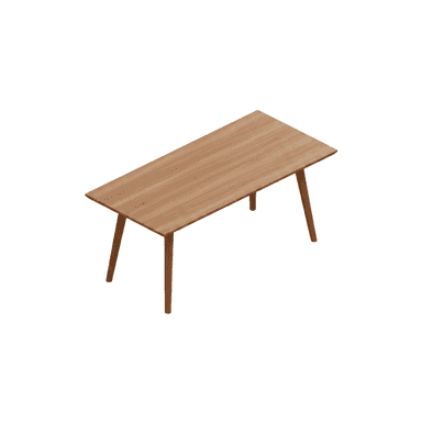 A modern rectangular dining table crafted from light-toned wood, featuring a clean, minimalist design with splayed and tapered legs. The tabletop has subtly rounded edges. — 3D model (AI enhanced source)