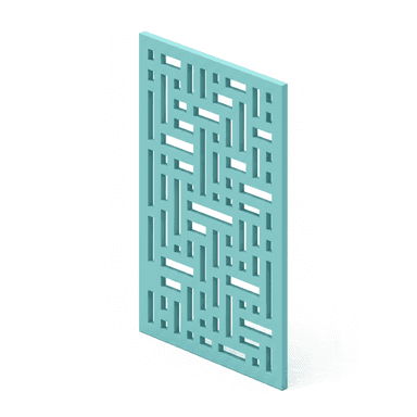 A rectangular panel featuring a complex geometric perforated pattern, rendered in a solid light blue-green color. It stands upright, suggesting its use as a partition or decorative screen. — 3D model (AI enhanced source)