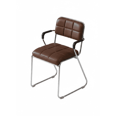 A mid-century modern style armchair featuring a polished chrome sled-base frame and brown quilted faux leather upholstery on the seat and backrest. — 3D model (AI enhanced source)