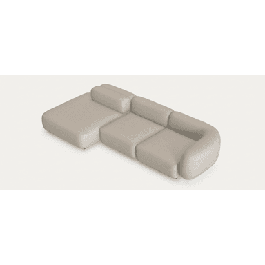 A modern sectional sofa in a light beige textile, featuring a chaise lounge on one end and a multi-seat sofa component with a rounded armrest on the other. The design appears modular with distinct back cushions and a low profile. — 3D model (AI enhanced source)