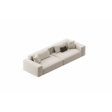 A light-colored, contemporary modular sectional sofa is depicted, consisting of multiple units arranged in a linear configuration. The sofa features low backrests, wide, integrated armrests, and subtly tufted seat and back cushions. It is upholstered in a neutral, possibly beige or cream-toned, fabric and accessorized with a few accent pillows, including one dark green cushion. — 3D model (AI enhanced source)