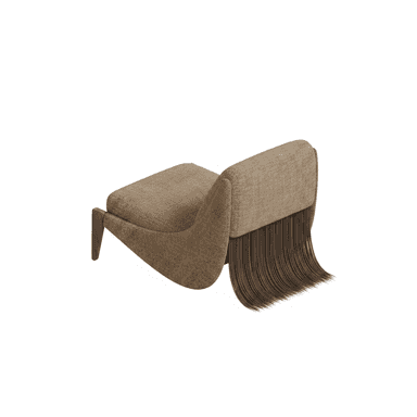 An armchair with an upholstered seat and backrest, featuring a unique design element resembling fringe or hair cascading from the back. The armchair has a wooden leg support on one side and a curved, organic shape to the seat and back. The upholstery has a textured weave. — 3D model (AI enhanced source)