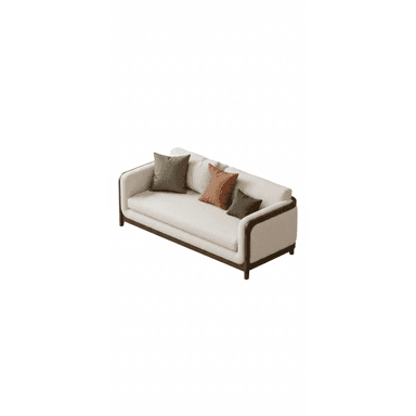 A contemporary three-seater sofa featuring an exposed dark wood frame that outlines its structure, complemented by light-colored fabric upholstery and separate seat and back cushions. The sofa includes three accent pillows in varying earthy tones: olive green, rust, and dark gray. — 3D model (AI enhanced source)