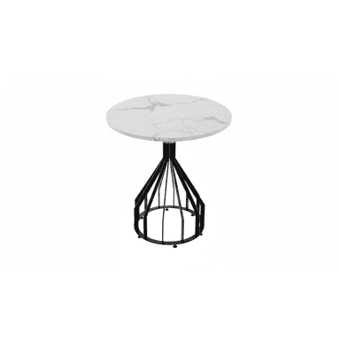 A contemporary round accent table featuring a white marble top with prominent grey veining, supported by a distinctive black metal geometric cage-like base with a subtle gold accent at the connection point. — 3D model (AI enhanced source)