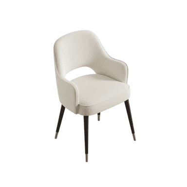 A modern upholstered armchair featuring a curved backrest with a cut-out detail, and an upholstered seat. The chair is supported by four splayed, tapered dark wooden legs, each finished with a brass cap at the foot. The upholstery is a light, textured cream-colored fabric. — 3D model (AI enhanced source)