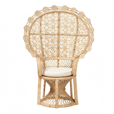 A woven rattan peacock chair featuring a prominent, high circular backrest with decorative coiled accents, integrated armrests, and a conical, spiral-patterned base. It includes a round white seat cushion. — 3D model (AI enhanced source)
