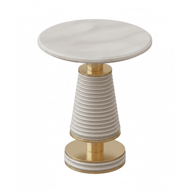 A modern accent table featuring a round white marble top, a central tapered pedestal with horizontal fluting in an off-white finish, and a round tiered base with polished gold-tone metal accents. The design combines contemporary aesthetics with classic materials. — 3D model (AI enhanced source)