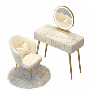 A contemporary cream-colored dressing table with a faux marble top, fluted drawer fronts, and gold-finished metal legs. It is accompanied by a round LED-illuminated mirror set on a gold base, and a matching cream velvet chair with a distinctive scalloped back and gold-finished metal legs. A small, fluffy gray circular rug is positioned under the chair. — 3D model (AI enhanced source)