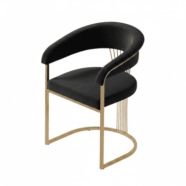 A contemporary armchair featuring a plush black velvet upholstered seat and backrest, supported by a polished gold-finished metal frame with distinctive curved lines and decorative vertical rods at the back. — 3D model (AI enhanced source)