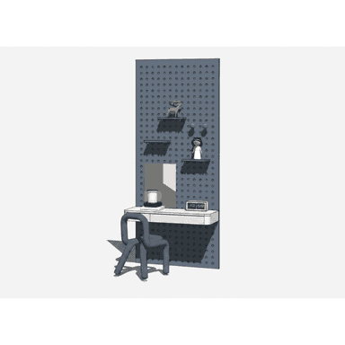 A modern wall-mounted unit featuring a dark blue/grey pegboard back panel, a white floating desk surface, and two white floating shelves. An integrated mirror is set into the pegboard above the desk surface. The unit is accompanied by a uniquely shaped dark blue/grey chair with tubular, padded legs and backrest. Various small decorative objects, a lamp, and a digital clock are displayed on the shelves and desk. — 3D model (AI enhanced source)