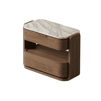 A contemporary nightstand featuring a rich walnut wood construction with softly rounded edges and a contrasting white marble slab top. It includes an integrated pull-out drawer and an open lower shelf for storage. — 3D model (AI enhanced source)